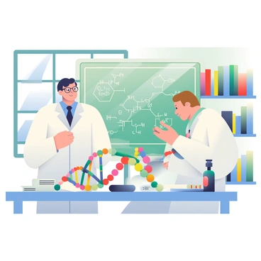 A scene depicting the discovery of DNA's structure by Watson and Crick. In the foreground, there are two males, one with dark hair and glasses, and the other with light brown hair, both wearing white lab coats. They are standing over a table cluttered with papers, molecular models, and a notebook. On the table, there is a prominent, detailed model of a DNA double helix made of colorful beads and sticks, illustrating its spiral structure. A chalkboard in the background features hand-drawn diagrams of the DNA structure and chemical formulas. The room is filled with bookshelves stacked with scientific literature, and a window allows soft natural light to fill the space, creating a focused atmosphere of discovery.