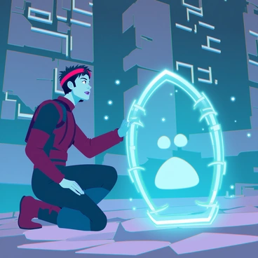 An explorer with rugged features and wearing a high-tech exploration suit is kneeling on the stone floor of an ancient alien temple. The temple is adorned with intricate carvings and strange geometric patterns that seem to pulsate softly. In front of the explorer, there is a large, glowing artifact emitting a bright blue light, casting reflections on the temple walls. The explorer is reaching out, with an expression of awe and curiosity, as the artifact hovers slightly above the ground, surrounded by a faint aura. The atmosphere is filled with swirling dust particles illuminated by the artifact’s glow.