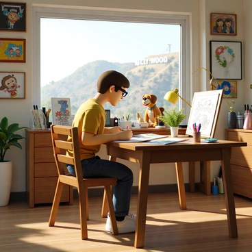 A cartoonist with short brown hair and glasses is sitting at a wooden desk filled with sketches and art supplies. He is focused on drawing animated characters, including a cheerful dog and a whimsical cat. The desk has colorful markers and an open sketchbook displaying various character designs. In the background, a large window reveals the iconic "Hollywood" sign on a distant hillside, casting a bright light into the room. Various colorful drawings and caricatures decorate the walls, adding to the creative atmosphere.
