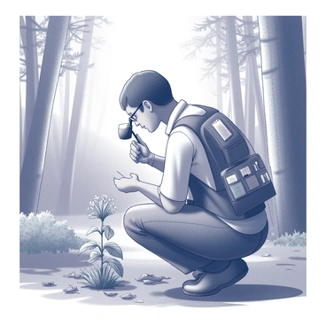 A botanist using a loupe to study the details of a forest plant