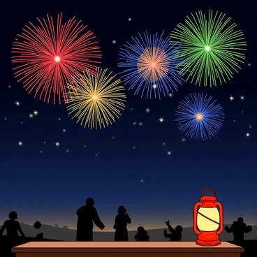 Vibrant fireworks lighting up the night sky in celebration of Chuseok