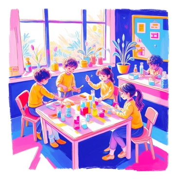A classroom scene is filled with children actively participating in various fun activities. There is a boy with curly hair painting on a canvas, while a girl with pigtails is building a structure with colorful blocks. In another corner, a group of children is gathered around a table, engrossed in a science experiment with beakers and test tubes. Bright posters and charts decorate the walls, showcasing numbers and letters. Sunlight streams through the windows, illuminating the cheerful faces of the children as they interact and learn together.