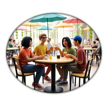 A group of three friends sitting at a round table in a vibrant café with outdoor seating. One friend with short curly hair is handing a colorful smoothie to another friend with long straight hair, who is smiling and holding a cup of coffee. The third friend, with glasses and a baseball cap, is reaching for a sparkling beverage on the table. The café has hanging plants and colorful umbrellas providing shade. The background shows other patrons enjoying their drinks and the ambiance of a lively atmosphere.