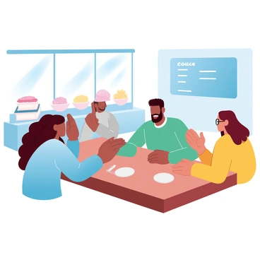 A diverse group of students is gathered around a wooden table in a university canteen. The students consist of individuals with different ethnic backgrounds, including a woman with braided hair wearing a blue sweater, a man with short curly hair in a green t-shirt, and another woman with straight hair in glasses wearing a yellow hoodie. They are engaged in animated conversation, with some students leaning in and others gesturing with their hands. The background features large windows with natural light streaming in and various food items on display nearby. A large chalkboard with class schedules is visible on one wall.