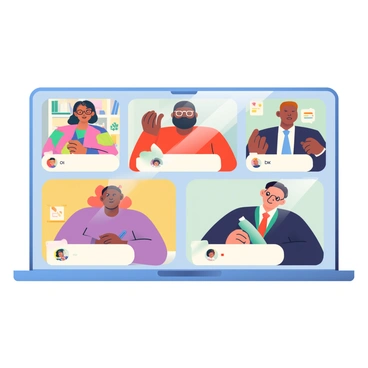 A video call interface is displayed on a large screen with multiple participants. Each participant’s video feed shows a diverse group of individuals representing different parts of the world. There is a woman with dark hair and glasses from Asia, a man with light brown hair and a beard from Europe, a woman with curly hair and a vibrant blouse from Africa, and a man with short hair in a suit from North America. Each person is seated in their own respective workspaces, with varying backgrounds that include bookshelves, plants, and personal art. The screen shows their names and locations beneath each video feed. The meeting atmosphere is focused and collaborative, with some participants taking notes and others gesturing as they speak.