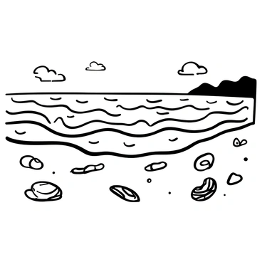 A beach scene featuring textured sand and waves, with sections of the sand appearing pixelated and disjointed. The waves crash against the shore, introducing rhythmic patterns as they form and recede. Small seashells and pebbles are scattered on the sand, creating varied shapes and sizes. In the background, distant cliffs outline the horizon, while a few fluffy clouds float above the scene.