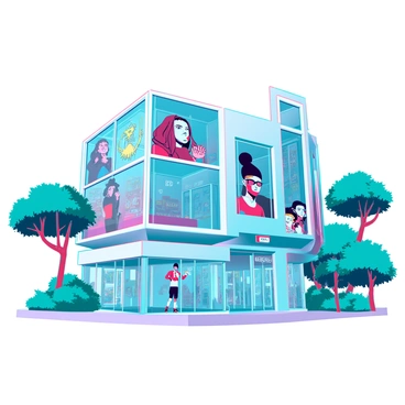 A futuristic 3D representation of the "Brussels Comic Strip Center," showcasing its distinct architecture with clean lines and geometric shapes. The building is adorned with vibrant murals depicting iconic comic characters, bursting with color and dynamic poses. Large windows reflect the surrounding urban landscape, while a bold entrance invites visitors in. The scene is filled with lush greenery, with trees and bushes strategically placed around the center, enhancing the lively atmosphere. Above, a clear blue sky provides a bright backdrop for the colorful artwork that celebrates the art of comics.