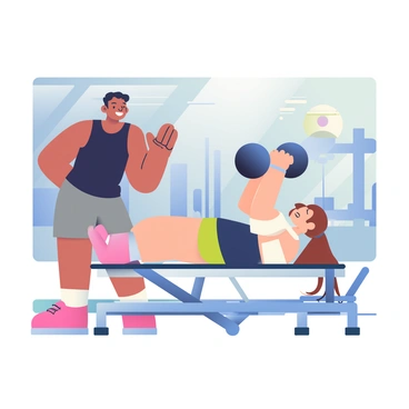 A personal trainer with medium skin and short dark hair is standing next to a client performing skull crushers on a workout bench. The trainer is wearing a black tank top and grey gym shorts. They have a look of encouragement on their face, with a bright smile as they offer guidance. The client, who has light skin and long brown hair tied in a ponytail, is lying on the bench, holding a barbell above their head with focused determination. The gym is filled with various exercise equipment, and there is a large mirror reflecting their workout. The atmosphere conveys a sense of motivation and support.