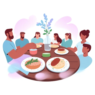 A family gathering is taking place around a large wooden table. Several family members are seated, chatting and enjoying their time together. In the center of the table is a carefully prepared dysphagia-friendly dish, presented on a decorative plate. The dish consists of soft, pureed vegetables and a smooth protein blend, garnished with a sprinkle of herbs. The table is adorned with a colorful tablecloth and a vase filled with fresh flowers. Other dishes are visible in the background, showcasing a variety of food options. Warm lighting enhances the inviting atmosphere of the gathering.