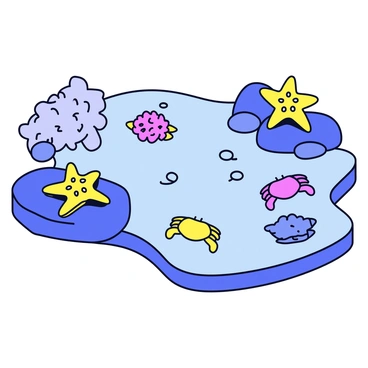 A tidepool habitat filled with water and various marine life. Colorful starfish with different shapes are resting on the rocky surfaces. Bright anemones are attached to the rocks, showcasing their vibrant tentacles. Small crabs are scuttling across the rocks, their shells glistening in the light. The water in the tidepool is clear, allowing a view of the underwater life.