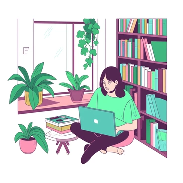 A person relaxing in a reading nook with a laptop, surrounded by books and plants.