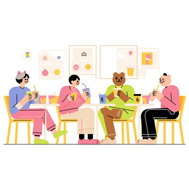 A cozy cafe interior with soft pastel colors and wooden furniture. "Kawaii characters" of different types, including a cute cat-girl and a cheerful bear, are seated at small round tables. Each character is holding a colorful cup of bubble tea with visible tapioca pearls. Some characters are chatting animatedly while others are sipping their drinks with smiles. The walls are adorned with playful decorations featuring food items and cartoonish illustrations. Soft cushions are placed on the chairs, creating a comfortable atmosphere.