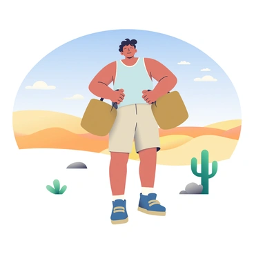 A traveler with tanned skin and tousled hair is standing in a vast desert landscape. They are wearing a light blue tank top and beige shorts, with sturdy hiking boots on their feet. The traveler is holding two camel bags, one in each hand, and is performing lateral raises. The camel bags are tan in color, reflecting the desert sun. In the background, rolling dunes of golden sand stretch towards the horizon under a clear blue sky. A few scattered cacti and rocks are visible in the foreground, enhancing the arid atmosphere.