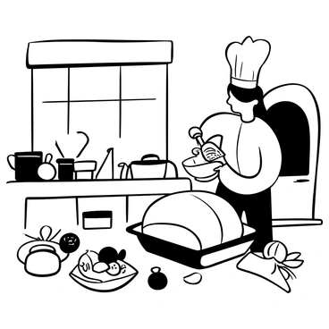 A chef in a white uniform and a tall chef's hat is standing in a kitchen, focused on basting a large turkey placed on a roasting pan. The chef holds a baster in one hand, dipping it into a mixture of herbs and melted butter in a bowl. Nearby, a cutting board is covered with fresh herbs, garlic, and citrus fruits. Various kitchen utensils and pots are arranged on the countertop, and there is a large oven in the background. A window allows light to stream into the room, illuminating the busy kitchen atmosphere.