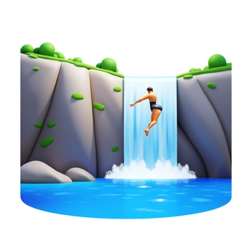 A diver in a streamlined pose, preparing to jump off a rocky cliff. The cliff is rugged and steep, adorned with patches of greenery. Next to the cliff, a cascading waterfall flows down with powerful streams of water, creating mist in the air. Sunlight glints off the water's surface as it crashes into the pool below, surrounded by rocks and foliage. The diver wears a fitted swimsuit, and their body is tense, ready for the leap into the sparkling blue water.
