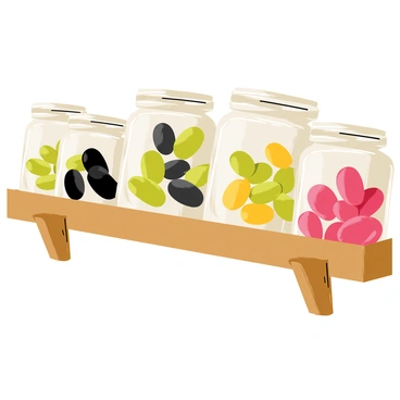 A wooden shelf displaying six glass jars, each filled with olives of different colors. The jars are labeled with the names of the olive varieties. The top jar contains green olives, the second jar displays black olives, the third jar is filled with Kalamata olives, the fourth jar showcases stuffed green olives, the fifth jar holds yellow-green olives, and the last jar features red olives. The sunlight casts soft shadows on the shelf, highlighting the vibrant colors of the olives inside the jars.