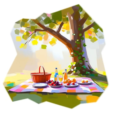 A picturesque picnic scene featuring a checkered blanket spread out on the grass beneath a large, leafy tree. The tree's branches are gracefully arching overhead, providing shade and a sense of tranquility. Ivy is climbing up the trunk of the tree and creeping along the ground, creating a lush green ambiance. On the blanket, there are a variety of picnic items including a wicker basket, colorful plates, and a selection of fruits such as strawberries and grapes. A bottle of sparkling water is also visible, adding to the cheerful atmosphere of the scene. Sunlight filters through the leaves, casting playful shadows on the blanket.