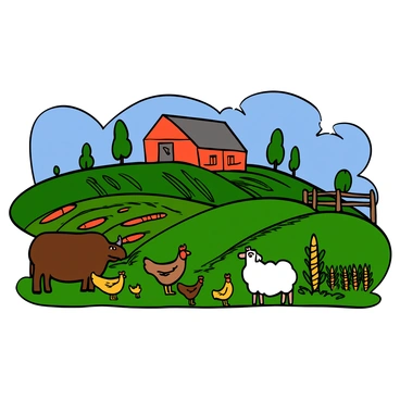 A peaceful farm scene with rolling green hills and a clear blue sky. In the foreground, there are a variety of animals including a brown cow grazing, a group of chickens pecking at the ground, and a sheep with fluffy white fur standing near a barn. Rows of vibrant crops like corn and carrots stretch across the field, showing the careful organization of the farm. A rustic wooden barn painted red is situated in the background, surrounded by a wooden fence and several trees scattered around. Sunlight casts gentle shadows, enhancing the serene atmosphere of the location.