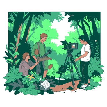 A documentary film team is set up in a vibrant jungle filled with lush green foliage and towering trees. The crew consists of three members: one is operating a large camera on a tripod, capturing footage of the dense undergrowth, while another is holding a microphone on a boom pole to capture ambient sounds. The third team member is reviewing the footage on a portable monitor, observing the various wildlife and plant life surrounding them. Sunlight filters through the thick canopy, creating a dappled light effect on the forest floor, rich with various shades of green and brown. In the background, there are hints of exotic flowers adding small splashes of color to the scene.