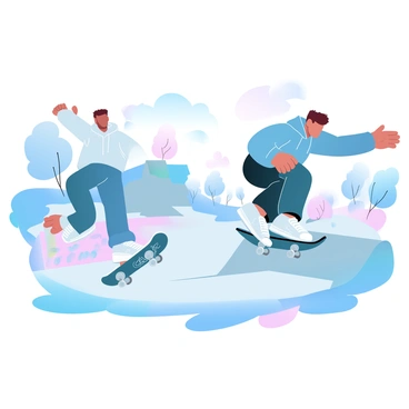Two friends are skateboarding in an urban park. One friend is performing a kickflip while the other is attempting an ollie. They are wearing casual streetwear, including hoodies and sneakers. Colorful graffiti can be seen on nearby walls, and there are trees and benches scattered throughout the park. A skateboard ramp is in the background, and a few spectators are watching them excitedly. The scene is filled with vibrant colors and movement.