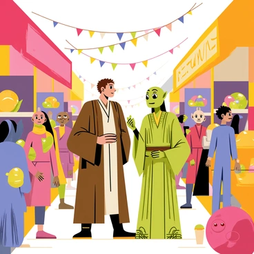 A Jedi dressed in a flowing brown robe stands in a vibrant marketplace filled with stalls showcasing various colorful goods. The Jedi is confidently engaged in conversation with a wise alien elder, who has large expressive eyes and green skin. The elder is adorned in intricate robes with patterns reflecting their culture. Surrounding them are a variety of alien species browsing the stalls, which display fruits, textiles, and glowing trinkets. Bright banners and lights hang overhead, adding to the lively atmosphere of the scene.