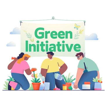 A diverse group of students is kneeling on the ground, actively planting various flowers and plants in a 3D garden setup. Each student is dressed in casual clothing suitable for gardening. One student with curly hair is planting a bright red flower, while another with glasses is carefully arranging colorful small pots around the garden. In the background, a large banner reads "Green Initiative," decorated with green leaves and flowers. Gardening tools like shovels and watering cans are scattered around, and there are colorful butterflies fluttering above the garden. Sunlight is shining down, casting soft shadows and highlighting the vibrant colors of the plants.