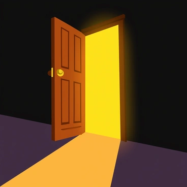 An old, heavy wooden door slightly ajar, revealing bright light streaming through the opening. The door has intricate carvings and a weathered surface, with peeling paint and a rusty doorknob. The light casts warm, golden rays onto the floor, creating a contrast with the dark surroundings. Shadows stretch across the floor, and a faint glow outlines the edges of the door.