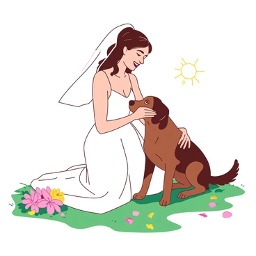 A white bride in an elegant wedding dress is kneeling on a soft green lawn, gently petting her brown dog. The dog, with a wagging tail and bright eyes, leans into the bride's touch, showcasing a bond of affection. Around them, there are scattered flower petals in shades of pink and yellow, adding a festive touch to the joyful scene. The sun is shining, highlighting the bride's joyful expression as she shares this special moment with her beloved pet.