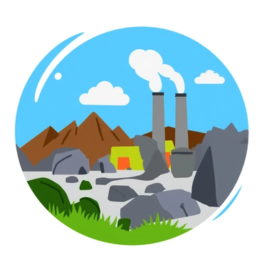 A geothermal power plant with tall, cylindrical structures and large pipes is emitting white steam into the air. The plant is set against a backdrop of a rocky landscape, featuring jagged rocks and boulders of various sizes. Sunlight casts sharp shadows across the terrain, highlighting the textures of the rocky surface. The sky is clear with a few scattered clouds, enhancing the contrast between the plant and the natural environment. Sparse vegetation, such as low shrubs and hardy grasses, can be seen in the foreground, adding details to the rugged landscape.