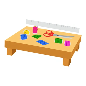 A wooden crafting table with a smooth surface featuring an assortment of colorful crafting items spread across it. There are spools of thread in vibrant hues, a pair of scissors with a shiny metallic finish, and several sheets of patterned paper. A clear plastic ruler rests next to the items, displaying measurements clearly. The table is set against a light background that highlights the bright colors of the crafting supplies.