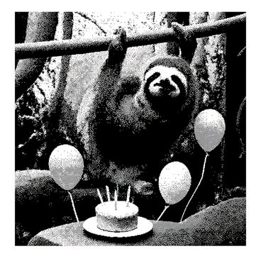 A sloth is hanging from a tree branch, smiling as it celebrates its birthday. The sloth has a neutral expression, with its eyes half-closed and its mouth slightly open, showcasing its contentment. Below the sloth, there is a small round cake with frosting and candles on top, placed on a flat rock. Colorful balloons are floating around the cake, each tied with a string. The forest is filled with various trees, and leaves are visible in the background, creating a natural setting. The overall mood is festive and cheerful, capturing the essence of a birthday celebration.