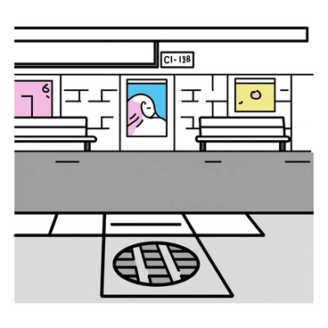 A subway station with a drain grate on the platform floor