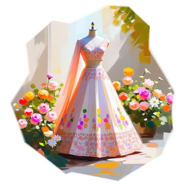 A lehenga featuring intricate floral patterns in vibrant colors, elegantly draped on a mannequin. The floral designs include shades of pink, yellow, and green, with delicate stitching that emphasizes the artistry of the garment. The lehenga is placed in a lush garden backdrop filled with blooming flowers and greenery. Various types of flowers, such as roses and daisies, can be seen surrounding the lehenga, enhancing its beauty and creating a harmonious scene. The sunlight filters through the leaves, casting gentle shadows on the fabric.