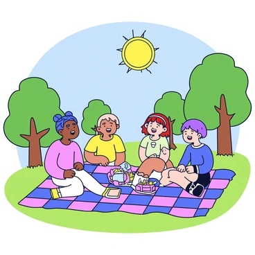 Kanako is sitting on a checkered picnic blanket in a sunny park. She is laughing joyfully with her friends, who are gathered around her. The friends have a variety of hairstyles and clothing styles, enhancing the cheerful atmosphere. A picnic basket filled with fruits and snacks is placed on the blanket, along with colorful paper plates and cups. The sun is shining brightly above, casting soft shadows on the grass surrounding them. The park is filled with green trees and a clear blue sky.