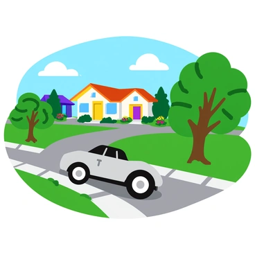 A silver car wheel resting on a neat suburban driveway. The driveway is lined with well-manicured grass and features decorative stones. In the background, there are a few modern houses with colorful front doors and tidy flower beds. The sky is clear, allowing plenty of natural light to illuminate the scene. Various trees with green leaves are scattered around, adding to the suburban charm.