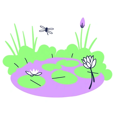 A tranquil pond is surrounded by lush green vegetation. The water's surface is dotted with blooming waterlilies, featuring large round leaves and delicate blossoms floating gracefully on the water. In the background, there are slender reeds standing tall at the edges of the pond. A couple of dragonflies hover above the lilies, reflecting a sense of harmony in nature. The scene captures the stillness of the water, with gentle ripples creating a serene atmosphere.
