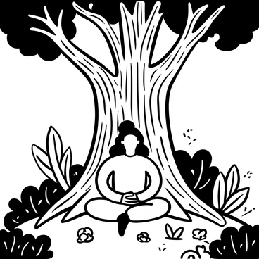 A figure of "Adiyogi" is seated in a meditative pose under a large ancient tree with thick, gnarled branches. The tree's bark is textured and rugged, showcasing its age. Surrounding the tree, various plants and foliage create a dense forest atmosphere, with intricate details of leaves and small shrubs on the forest floor. Sunlight filters through the branches, casting shadows and light patterns on the ground. The overall scene conveys a sense of tranquility and connection to nature.
