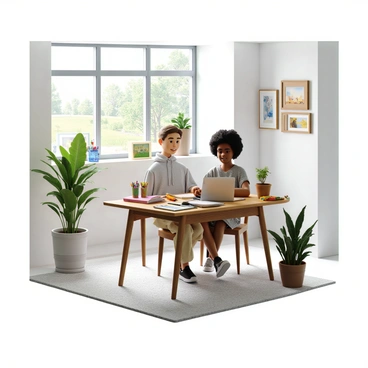 An artist with light skin and short curly hair sits at a modern wooden desk in a bright office filled with natural light. They are focused on a silver laptop, typing a custom quote for a client. Surrounding the artist are colorful art supplies scattered on the desk, including markers, sketchbooks, and a potted plant adding a touch of greenery. The office has white walls with framed artwork displayed, enhancing the creative atmosphere. A large window reveals a view of a sunny day outside.