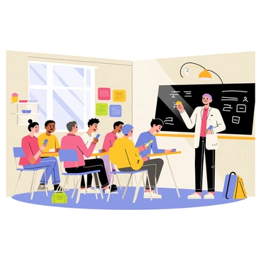 A classroom featuring several students sitting at their desks, each engrossed in their smartphones. The teacher stands at the front of the room, looking slightly frustrated while holding a piece of chalk. The students display various expressions, ranging from amusement to concentration on their screens. The walls are decorated with colorful posters of educational material, and a large blackboard is filled with handwritten notes. A few backpacks are scattered under the desks, and sunlight streams in through the windows, illuminating the scene.
