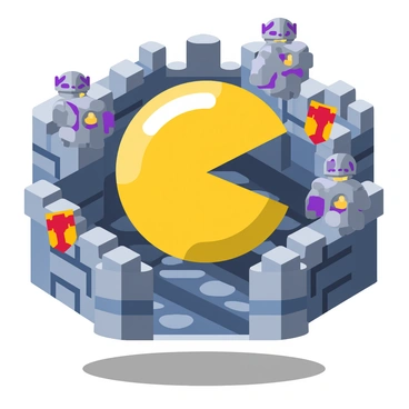 "Pac-Man" navigating a medieval castle maze filled with stone walls, surrounded by armored knights in shining armor, and decorated with rich tapestries hanging from the walls.