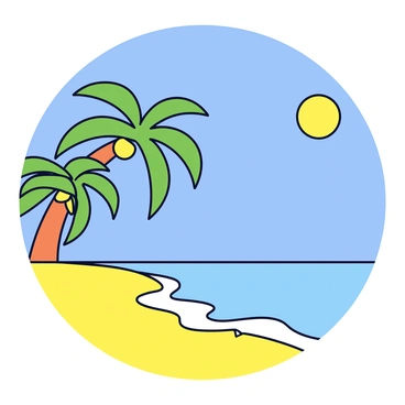 A tropical beach scene featuring golden sand and clear turquoise water. Tall palm trees with vibrant green fronds are scattered along the shoreline. In the background, a bright blue sky stretches overhead, providing a stark contrast to the greenery and sand. The sun shines brightly, creating a warm ambiance, while gentle waves lapping at the shore add to the tranquility of the setting.