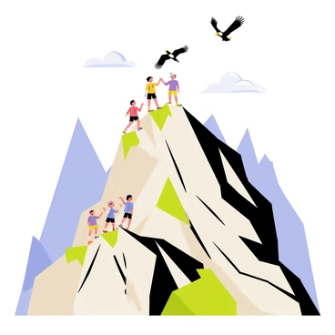 A group of children wearing colorful clothing is climbing a majestic mountain with rocky cliffs and green patches of grass. Some children are helping each other as they ascend, while others are playfully reaching for the summit. Above them, several eagles are soaring gracefully in a clear blue sky. The sunlight casts shadows on the mountain, enhancing the texture of the rocky surfaces. In the distance, additional mountains can be seen under the bright sky.