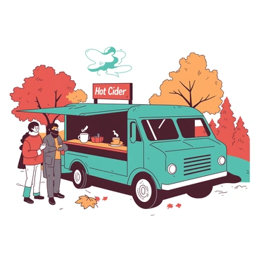 A teal truck is parked on a scenic roadside, with its back open to reveal a wooden counter adorned with steaming mugs of hot cider. The truck has a welcoming sign that reads "Hot Cider" in white letters. Surrounding the truck, vibrant autumn leaves in shades of orange and red are gently falling to the ground, creating a colorful carpet. The scene includes a few people standing near the truck, enjoying their warm drinks while wrapped in cozy scarves. The atmosphere is inviting and cheerful, reflecting the warmth of the cider.