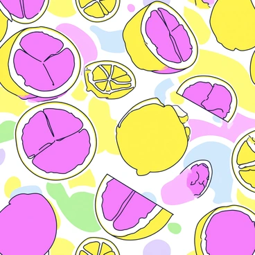 A repeating pattern featuring whole grapefruits in bright pink and yellow hues alongside sliced grapefruits revealing their juicy interiors. The background consists of a lively mix of colors, including pastel greens, blues, and yellows, enhancing the freshness of the grapefruits. Each grapefruit is detailed with a textured skin and a glossy finish, while the slices showcase the vibrant segments inside. The overall composition creates a cheerful and inviting visual display.