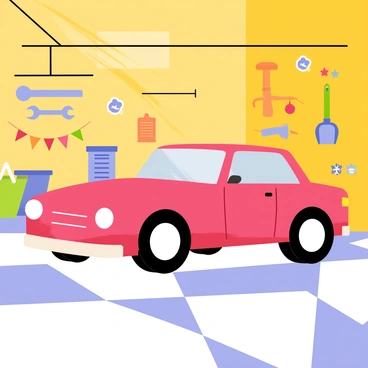A 3D cartoon car in vibrant red parked inside a spacious garage with bright yellow walls. The garage is filled with various rainbow-colored tools, including a blue wrench, green screwdriver, and orange hammer, all neatly organized on the walls. Colorful decorations such as multicolored banners and playful stickers are scattered throughout the garage, adding a festive touch. The floor is painted in a checkerboard pattern of white and light blue tiles, enhancing the cheerful atmosphere.