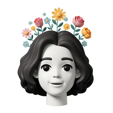 A black-and-white portrait of a person, featuring a serene expression and deep-set eyes, framed by wavy, medium-length hair. From their hair, vibrant, colorful illustrated flowers of various types and sizes are blooming, including bright red roses, cheerful yellow daisies, and soft blue forget-me-nots. The contrast between the monochrome portrait and the vivid flowers creates a striking visual. The flowers are intricately detailed, showcasing their petals and leaves, while the background remains simple and unobtrusive, emphasizing the person and the colorful elements sprouting from their hair.