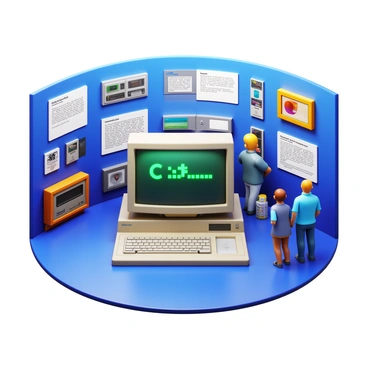 A museum exhibit featuring a large, detailed display of various operating systems through time. The focal point is a vintage DOS computer, complete with a monitor displaying the "C:\>" command line interface in bright green text. Surrounding the DOS computer are other iconic operating systems represented by vintage hardware and software packaging, such as Windows 95 and Mac OS. Informative plaques provide brief descriptions of each operating system's significance and impact on technology. The exhibit is well-lit, and visitors can be seen interacting with the displays.