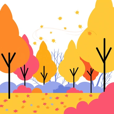 A park filled with trees displaying vibrant orange, red, and yellow leaves. A gust of wind swirls through, lifting leaves into the air in a circular motion. The ground is covered with a carpet of fallen leaves, creating a rich tapestry of autumn colors. In the background, there are bare branches silhouetted against a bright blue sky.