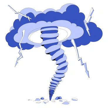 A tornado is forming in the center of the image, with a swirling, funnel-shaped structure extending down towards the ground. Surrounding the tornado, there are dark, billowing storm clouds that create an ominous atmosphere. Jagged lightning bolts are striking from the clouds, illuminating the scene intermittently. The ground below features scattered debris being pulled into the tornado's rotating winds. The overall composition captures the dynamic movement and turbulence of the storm.