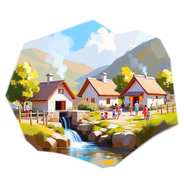 A small rural village nestled in a lush green valley, surrounded by rolling hills and a clear blue sky. In the foreground, a micro-hydropower station is visible, with a small stream flowing energetically through it. The station has a quaint, rustic design made of wood and stone. Nearby, several happy residents are engaged in various activities; children are playing in the grass, while adults are chatting and tending to vibrant gardens filled with colorful flowers. Small houses with thatched roofs are scattered throughout the village, each with smoke gently rising from their chimneys, suggesting warmth and activity within. Decorative wooden fences accentuate the village, and a few farm animals can be seen grazing nearby.